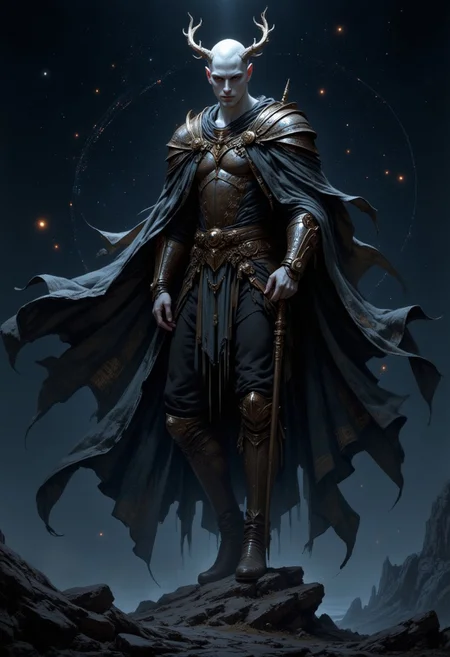 lifelike anime illustration, hyper-realistic digital painting,
A very tall male druid. His skin is alabaster white. His frame is very slender, but muscular with a gaunt-like quality to his face. He is dressed in leather armor and carrying a shield and quarterstaff. He floats above the ground effortlessly as he manipulates the elements around him. He is wrapped in a cloak of the cosmos, its dark background the endless void of space. The surface of the cloak is covered with stars and constellations. mythp0rt,
 night, dark, directional lighting, bokeh, illuminated on one side, dutch angle, shallow depth of field
