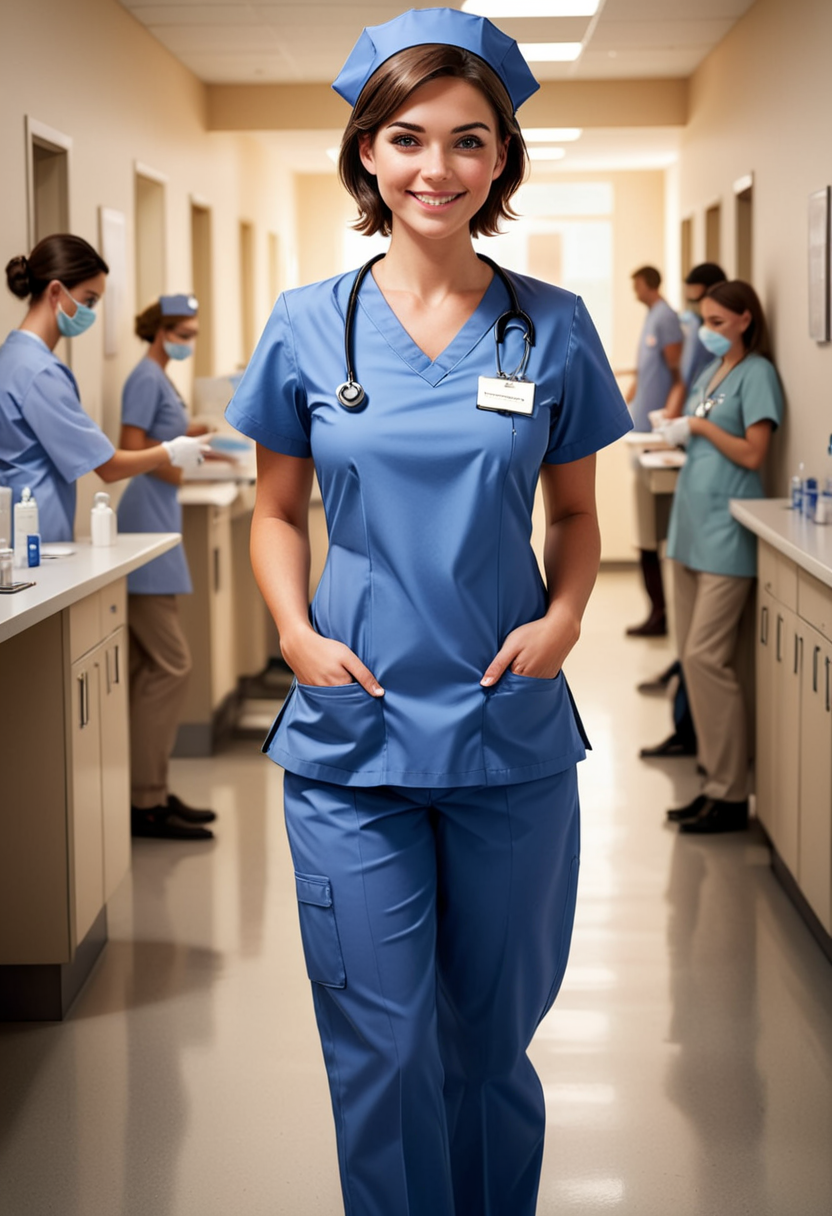 (medium full shot) of (sexy nurse) young woman, Medium build, short brown hair, spanish, tan skin, dark Blue eyes, wearing a nurse cap, short sleeve blouse, straight-leg scrub pants, orthopedic shoes, carrying a ID badge, set in  a vaccination clinic, with organized stations, nurses administering shots, patients waiting in line, a clean environment , at sunset, woman smiling, detailed face, ,Masterpiece,best quality, photo, realistic, very aesthetic