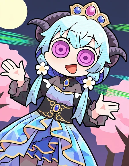 masterpiece, best quality, newest, absurdres, highres, safe, 1girl, sena mikoto, magia record: mahou shoujo madoka magica gaiden, glitch hair, glitch, horns, blue hair, blue dress, purple eyes, crazy eyes, papa \(shimeguru\), solo, smile, open mouth, outdoors, cherry blossoms, night, dutch angle, <lora:sena_mikoto_noobaiXLNAIXL_vPred10Version:0.7>