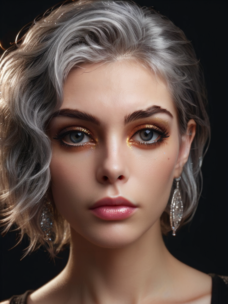 (hdr, dark shot:1.2), closeup portrait photo of beautiful woman, 25 years ols, makeup, dramatic eyeliner, vibrant silver hair, punky, sexy, simple black background, 8k uhd, high quality, dramatic, cinematic, vibrant colors, high contrast, (natural skin texture, hyperrealism, soft light, sharp) <lora:ral-glitter:1> ral-glitter