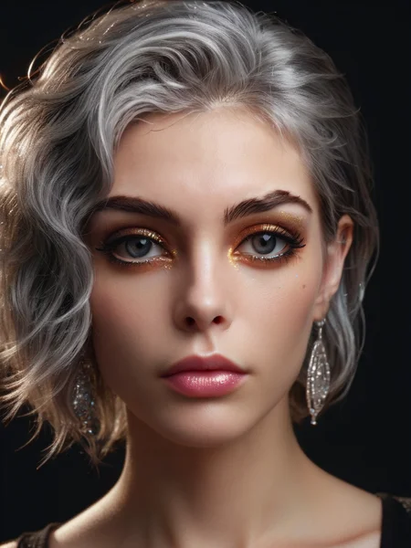 (hdr, dark shot:1.2), closeup portrait photo of beautiful woman, 25 years ols, makeup, dramatic eyeliner, vibrant silver hair, punky, sexy, simple black background, 8k uhd, high quality, dramatic, cinematic, vibrant colors, high contrast, (natural skin texture, hyperrealism, soft light, sharp) <lora:ral-glitter:1> ral-glitter