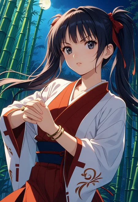 score_9, score_8_up, score_7_up, score_6_up, source_anime, 1990s \(style\), highly detailed character, Ennochiaki XL,black eyes,bangs, twintails, jewelry, bracelet, long hair, black hair, ribbon-trimmed sleeves, japanese clothes, very detailed hands, beautiful face, glossy lips, sensual, masterpiece, best quality, detailed background, intricate detailed backround, highly detailed hair, fine skin, night, outdoors, thick bamboo forest, dynamic lighting, dutch-angle, handing a hand-full of ofuda, looking at viewer, angry expression, dynamic attack pose, (((ambient light through bamboo thicket)))