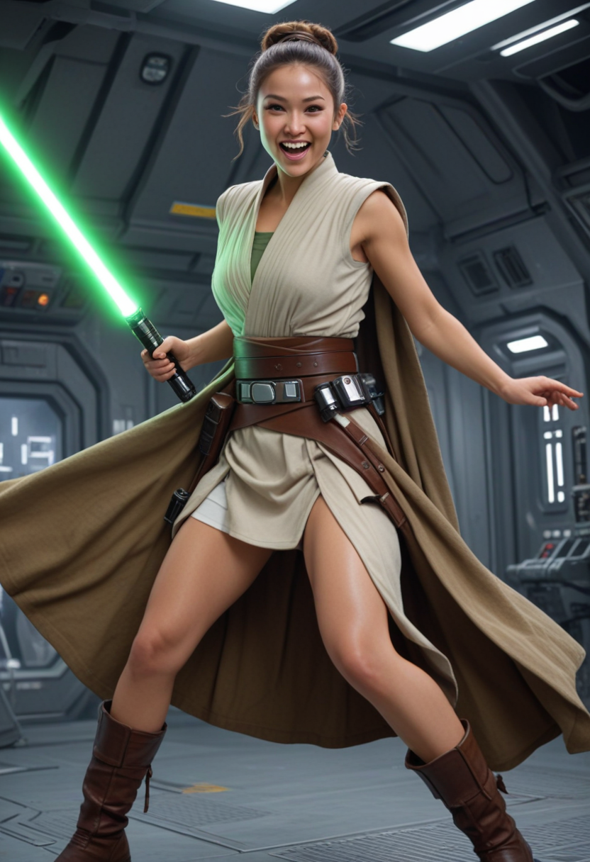 (medium full shot) of (lovely jedi) female asian, brown eyes, light skin, top knot, wearing a sleeveless Jedi robe,wide leather belt with compartments,soft suede boots, long cloak, holding lightsaber with green blade, laughing, jumping in the air, set in  Siege of a Starbase, Chaotic space station with flashing alarms, troopers in combat, hull breaches, flickering lights, and the sound of distant explosions, at twilight, Masterpiece,best quality, photorealistic, amazing quality, very aesthetic, extremely detailed face,