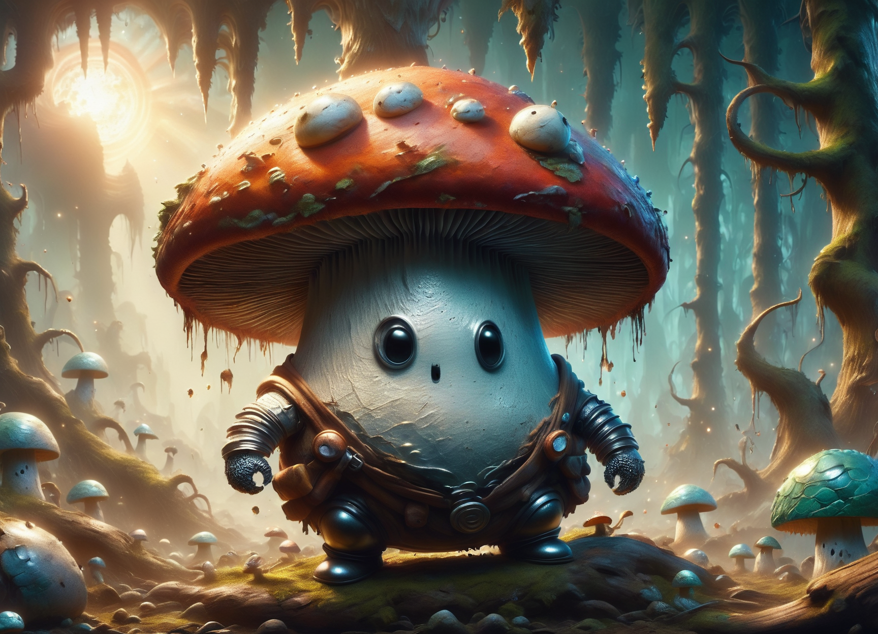 DonM5hr00mKn1gh7XL solo, shroom guy,inquisitor , enchanted forest, sunrise,salt marsh,mythical artefact <lora:DonM5hr00mKn1gh7XL-pony:1>