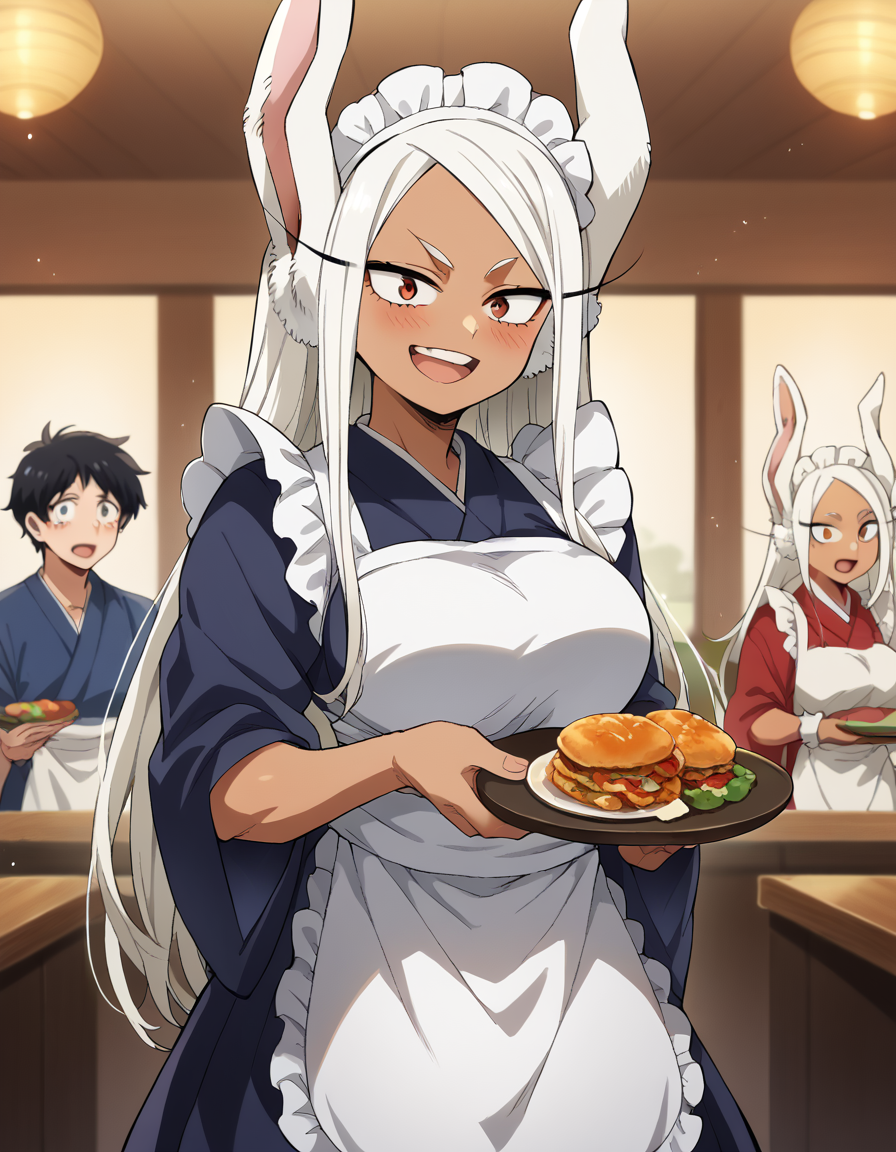 score_9, score_8_up, score_7_up, source_anime, <lora:rumi-usagiyama-ponyxl-lora-nochekaiser:1>, rumi usagiyama, long hair, animal ears, white hair, dark skin, rabbit ears, dark-skinned female, rabbit girl, red eyes, parted bangs, large breasts, <lora:wa-maid-ponyxl-lora-nochekaiser:1>, wa maid, maid, maid headdress, apron, white apron, frilled apron, maid apron, kimono, japanese clothes, frilled kimono, holding tray, tray, food,, indoors, restaurant, smile, blush, open mouth,,