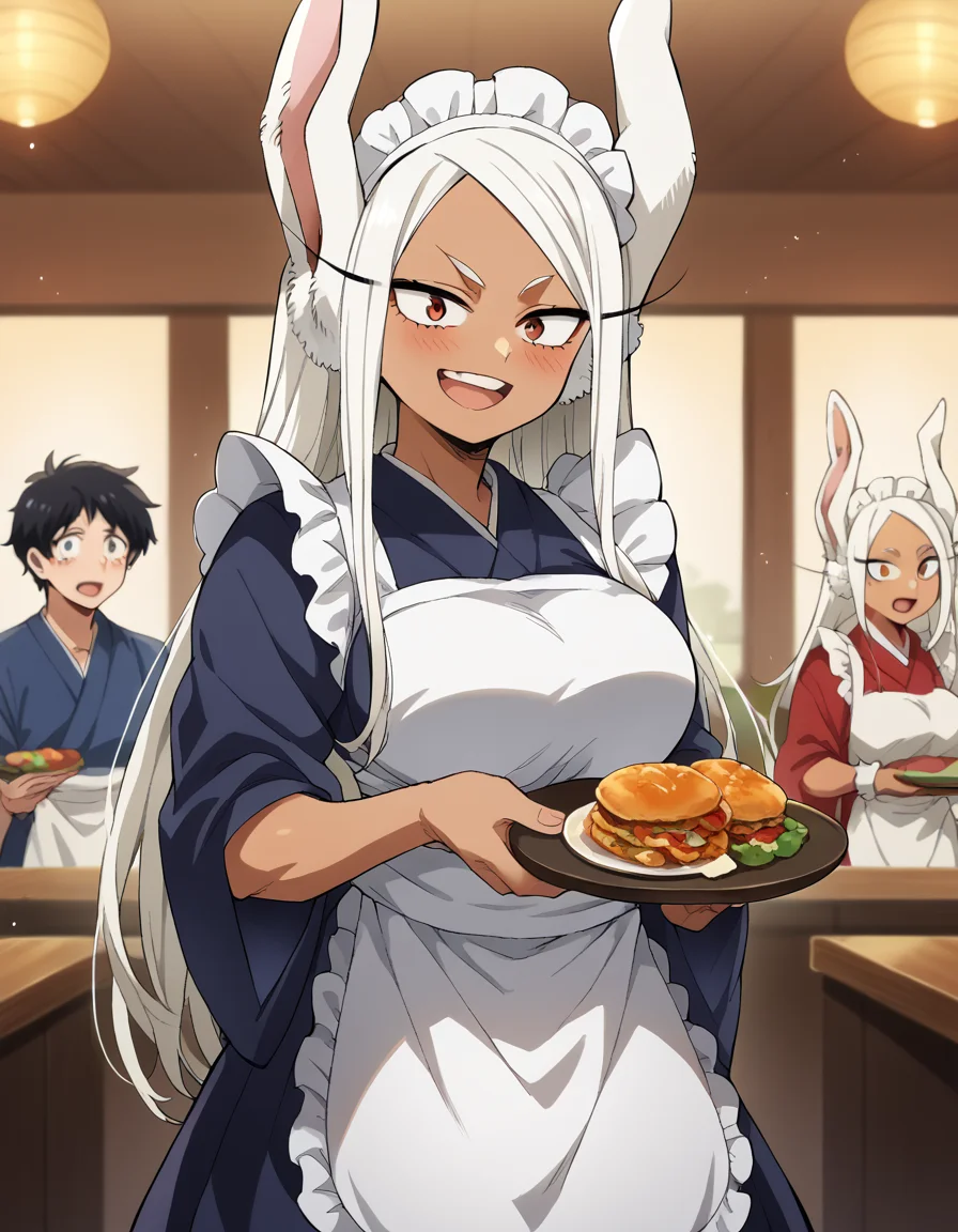 score_9, score_8_up, score_7_up, source_anime, <lora:rumi-usagiyama-ponyxl-lora-nochekaiser:1>, rumi usagiyama, long hair, animal ears, white hair, dark skin, rabbit ears, dark-skinned female, rabbit girl, red eyes, parted bangs, large breasts, <lora:wa-maid-ponyxl-lora-nochekaiser:1>, wa maid, maid, maid headdress, apron, white apron, frilled apron, maid apron, kimono, japanese clothes, frilled kimono, holding tray, tray, food,, indoors, restaurant, smile, blush, open mouth,,