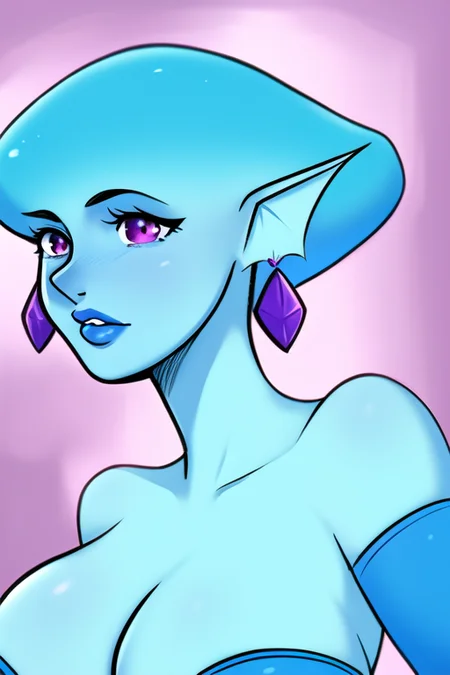 masterpiece, best quality, portrait of princess ruto, zora, afrobull, 1girl, breasts, blue skin, earrings, female, fin, fish girl, fin ears, purple eyes, solo