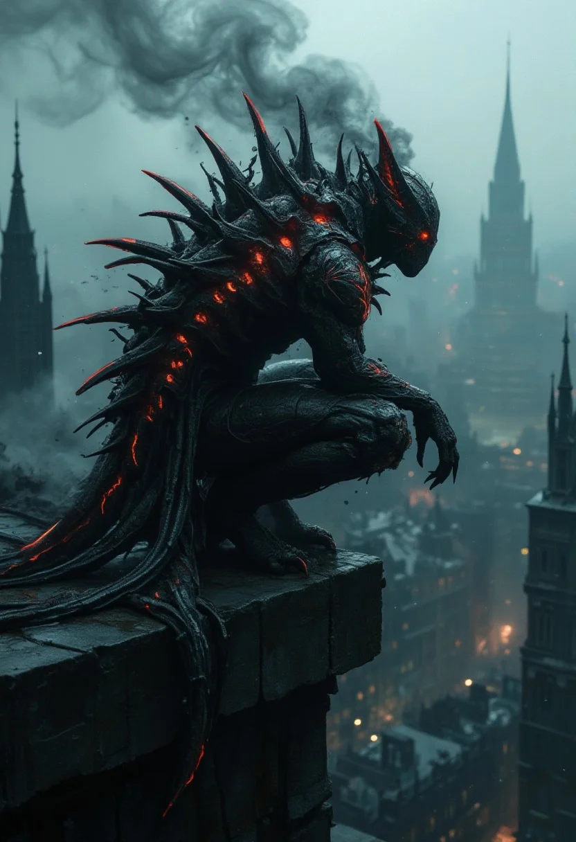 horror show, monster, nightmare, fear,
A dark, humanoid figure with glowing red streaks and sharp, elongated spikes protruding from its back. The figure is perched on the edge of a high structure, overlooking a misty cityscape with various architectural buildings. The atmosphere is eerie, with a smoky aura emanating from the figure, blending with the misty backdrop.