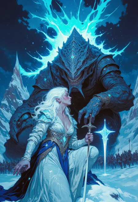 A hyper-detailed, cinematic dark fantasy scene presents the Moonlit Duchess, an ethereal beauty with porcelain skin and a cascade of shimmering white hair adorned with icy sapphire pins. She wears a regal, silver-threaded gown that gleams like woven moonlight, the bodice embroidered with constellations that shift as if alive. Her piercing ice-blue eyes glow in the twilight, exuding wisdom and quiet menace. The frozen tundra stretches endlessly behind her, jagged glacial spires rising into the storm-laden sky, crackling with raw elemental power. At her side looms the Frost Titan, an enormous, hulking beast of living ice, its body covered in jagged crystalline armor, its breath forming thick clouds in the frigid air. Its deep, resonant growl reverberates through the landscape as it kneels before the Duchess, awaiting her silent command. In the distance, a legion of shadowed figures marches through the snowdrifts, their glistening blades reflecting the cold fire of the aurora above. The battle for the frozen kingdom is about to begin.