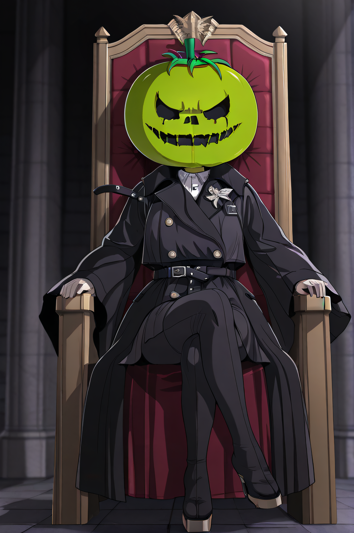 masterpiece, best quality, highres, newest, 1girl, solo, official style, artist cg, <lora:Oosuzuki_Kurara:1>, kurara, big jack-o'-lantern head, empty eyes, black coat, belt, wide sleeves, jacket, buttons, facing viewer, crossed legs, sitting on throne, full body