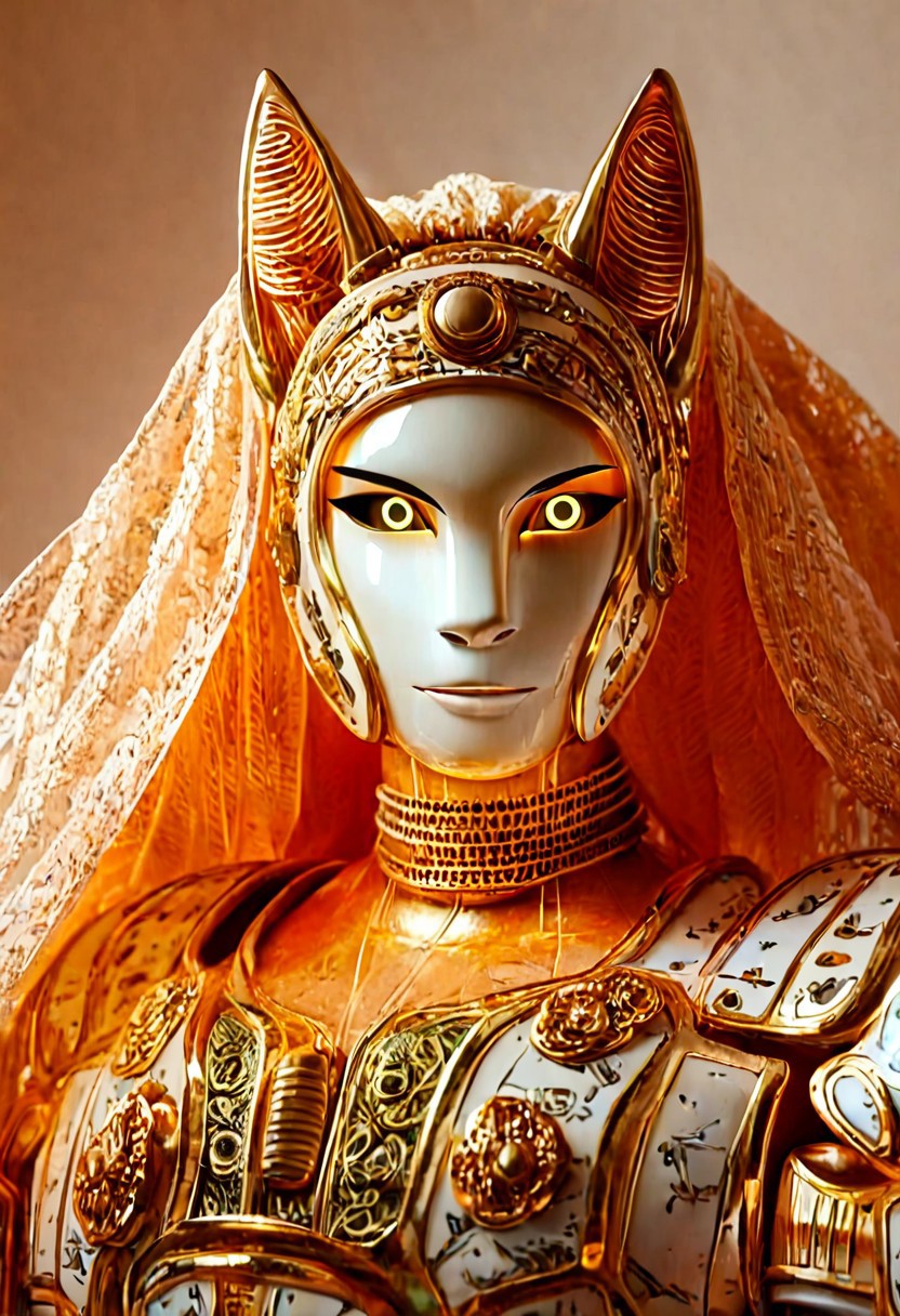 ((pmg)) style, score_9, score_8_up, score_7_up, score_6_up, score_5_up, score_4_up, ((closeup)), an HD photograph of an extremely futuristic stunning realistic anthro cat android, wearing extremely intertwined armor clothing made entirely out of extreme gritty gold and glowing yellow eyes, vivid lighting, rim light, semi realistic, extremely detailed, sharp very subtle film grain, subtle neon blue accents