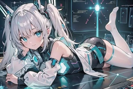 (masterpiece), (science fiction:1.4), 1girl, lying on a mirror, smile, silver hair, aqua eyes, headgear, long sleeves, detached sleeves, glowing energy clothing