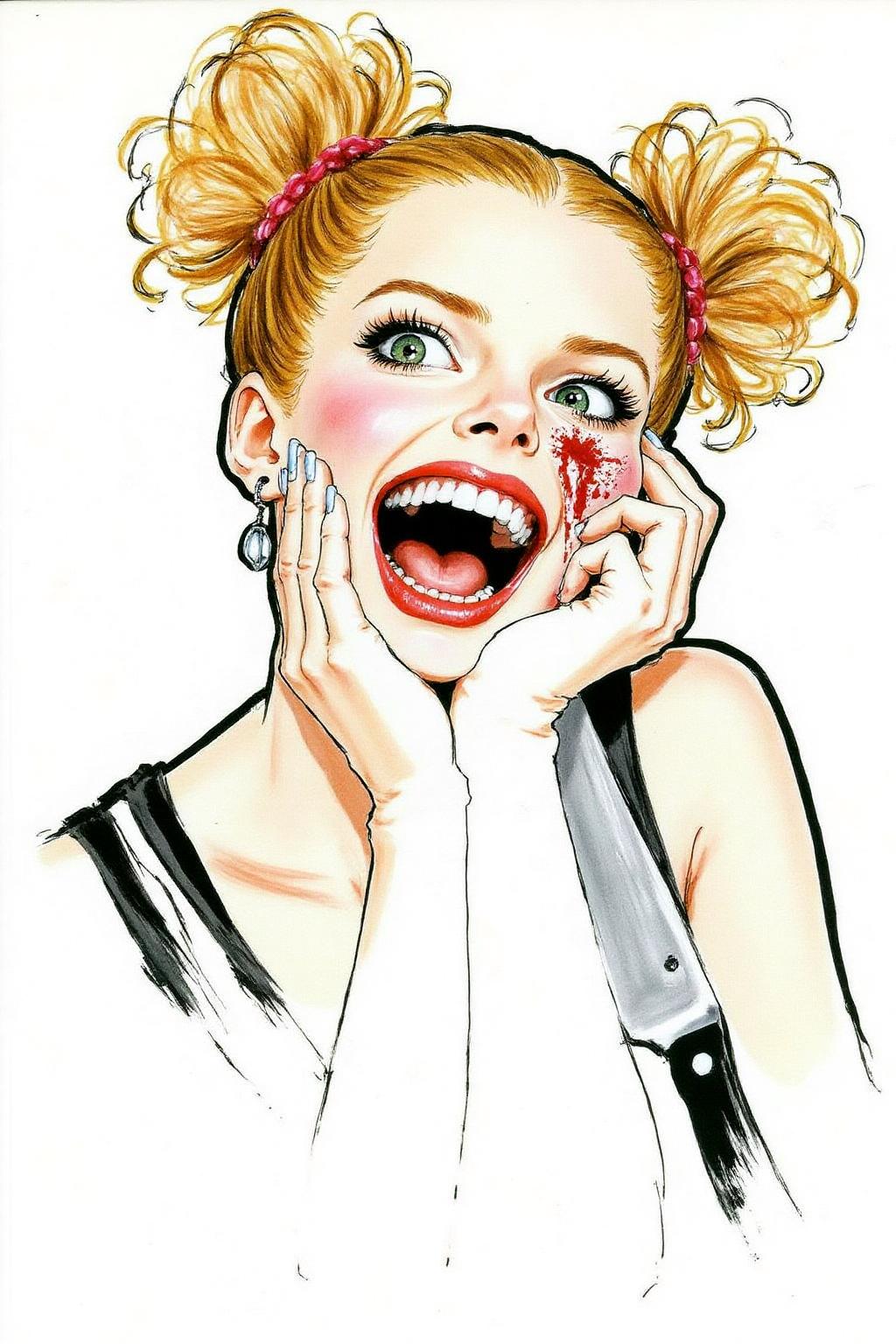 regr1 sketch 1girl, half body portrait of toga himiko, teeth, open mouth, blood on face, smile, double bun, crazy eyes, She is holding kitchen knife in her left hand,. Her right hand is on her cheek,  <lora:regr1_fashion_nocap_d6a3:1.0><lora:807335388143386102:0>