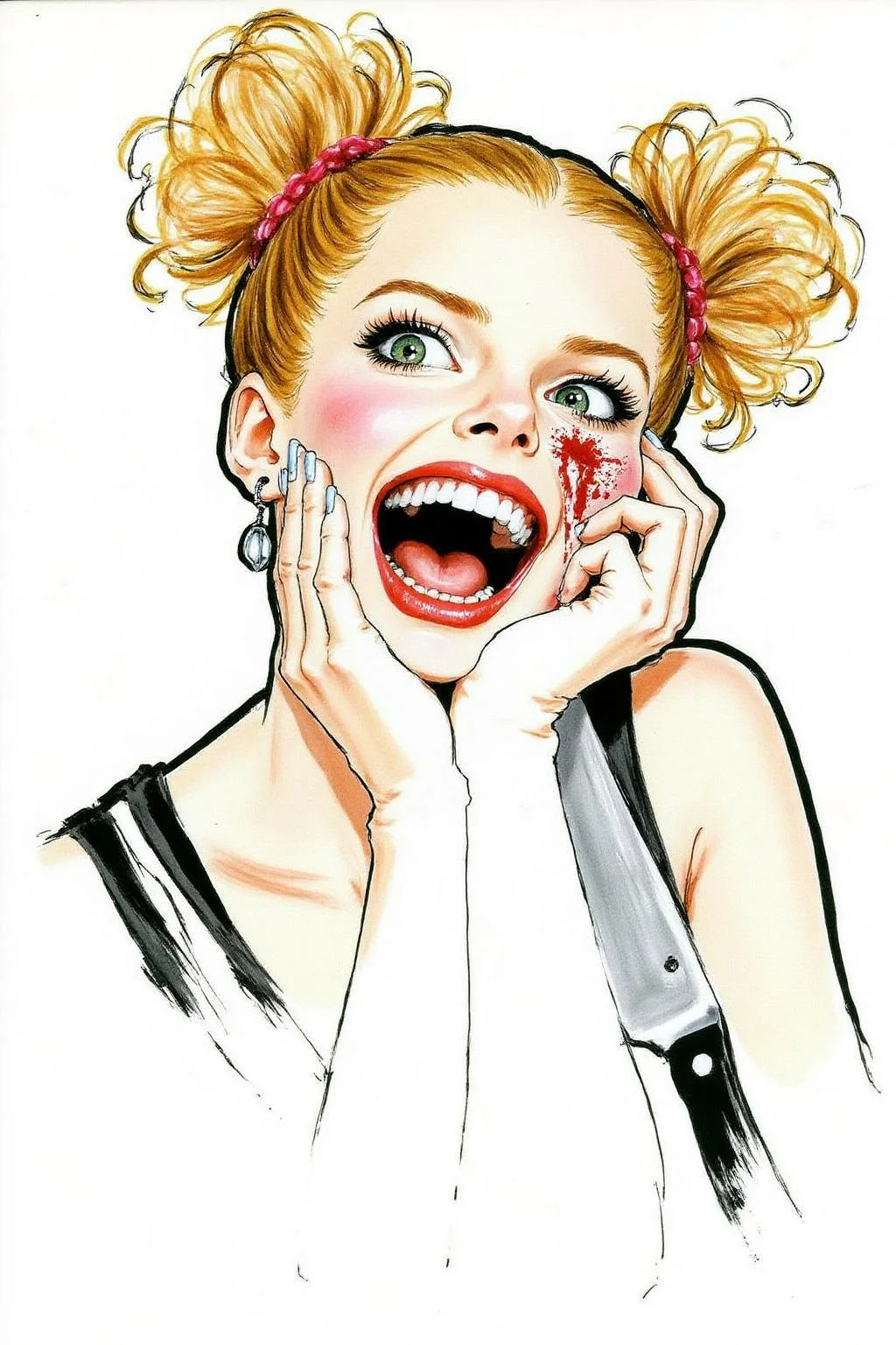regr1 sketch 1girl, half body portrait of toga himiko, teeth, open mouth, blood on face, smile, double bun, crazy eyes, She is holding kitchen knife in her left hand,. Her right hand is on her cheek, <lora:regr1_fashion_nocap_d6a3:1.0><lora:807335388143386102:0>