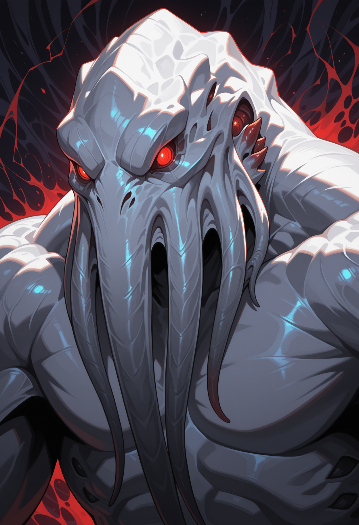 male focus, 1boy, solo, portrait, white skin, red eyes, f4cel3ss0ne, monster, glowing eyes, muscular, broad shoulders, 2d, flat colors, abstract background,
perfect anatomy, masterpiece, perfect quality, best quality, detailed, newest, very aesthetic