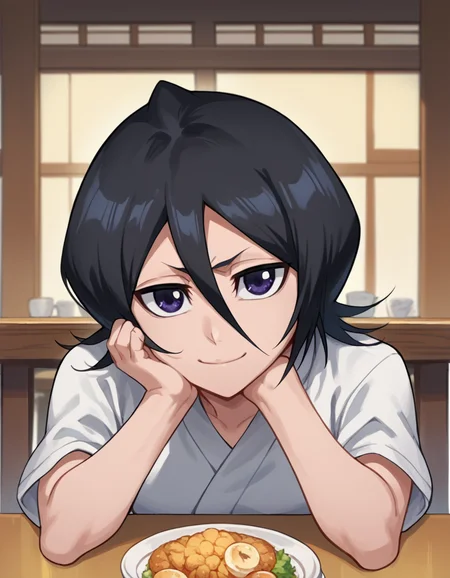 score_9, score_8_up, score_7_up, source_anime, <lora:rukia-kuchiki-ponyxl-lora-nochekaiser:1>, rukia kuchiki, black hair, hair between eyes, purple eyes, short hair, <lora:pov-across-table-ponyxl-lora-nochekaiser:1> pov across table, pov dating, restaurant, table, meal, care, cup, head rest, smile, elbow on table, food, elbow rest, ,
