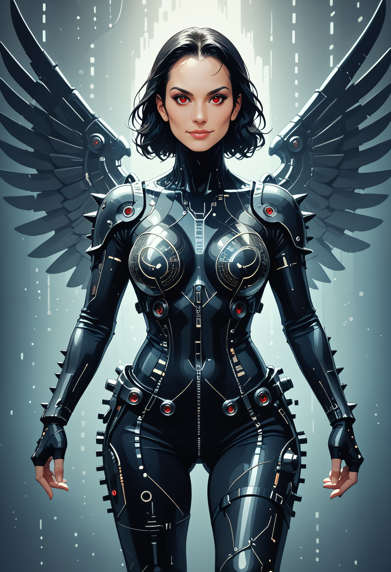 score_9, score_8_up, score_7_up, 
codeandigital, matrix, matrix codes, ai, ai consciousness, digital world, digital, science fiction, cyborg woman, mask, armor, spiked mace weapon, black sharp metal bladed wings, solo, shoulder armor, jet black hair, red eyes, smile, pauldrons, looking at viewer, action pose,