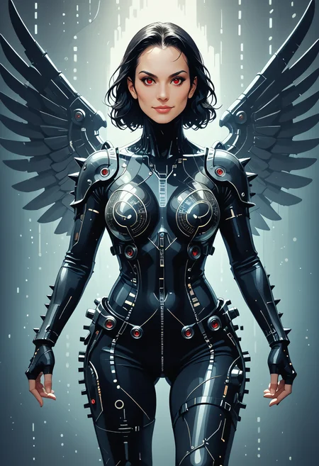 score_9, score_8_up, score_7_up,
codeandigital, matrix, matrix codes, ai, ai consciousness, digital world, digital, science fiction, cyborg woman, mask, armor, spiked mace weapon, black sharp metal bladed wings, solo, shoulder armor, jet black hair, red eyes, smile, pauldrons, looking at viewer, action pose,