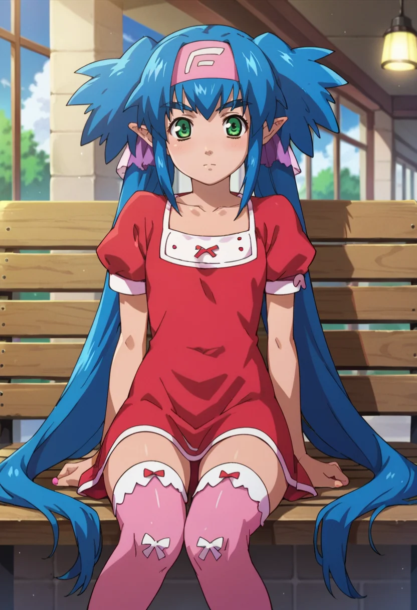 score_9,score_8_up,score_7_up,score_6_up,score_5_up,score_4_up,anime coloring,source_anime,<lora:Klan_Klang_Macross_Frontier_Pony:0.8>,klans,1girl,green eyes,pointy ears,blue hair,long hair,quad tails,headband,red dress,pink thighhighs,sitting,indoors,bench,looking_at_viewer,
