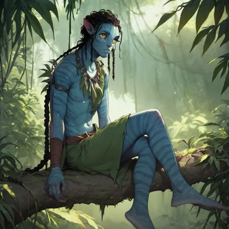 score_9, score_8_up, score_7_up, Avatar navi alien with blue skin, striped skin, sitting on a branch in the jungle, wearing a tunic made of leaves and moss