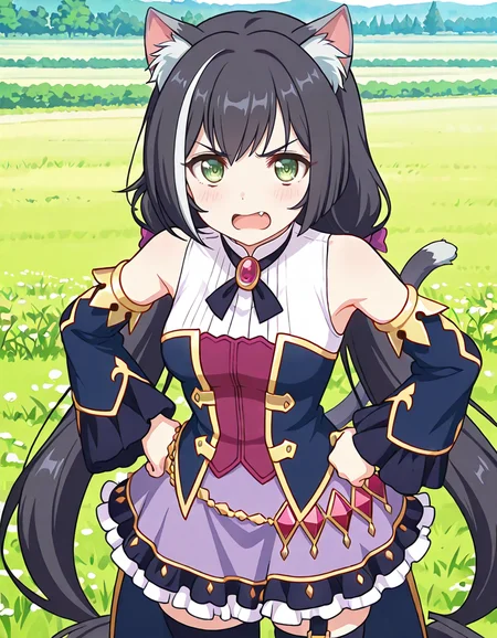 (karyl (priconne),streaked hair,multicolored hair,black hair,white hair,very long hair,low twintails,bangs,purple bow,green eyes,fang,cat girl,animal ear fluff,cat ears,cat tail,sleeveless shirt,long wide frilled detached sleeves,bare shoulder,purple frilled skirt,black thighhighs,1girl,frown,anger,open mouth,hands on own hips),day,meadow,
looking at viewer,
smile,
medium breasts,
perky breasts,realistic proportions,natural looking breasts,explicit,hair between eyes,strong outlines,clean lineart,harsh lines,slim,curvy,(narrow waist:0.1), wide hips,thick thighs,detailed body,skindentation,matte skin,smooth skin,deep skin,soft brightness,detailed mouth,kawaii,moe face,
(anime screencap),(anime coloring:1.2),anime style, Japanese anime, cel-shading, clean lineart, vibrant colors, sharp facial features, 2D illustration, anime screencap style,anime background scenery,detailed linework,intricate details,(masterpiece,best quality,amazing quality),IllusP0s,(very aesthetic,absurdres:1.2),16k,highres,perfect hands,five fingers,detailed hands,
<lora:ããªã³ã»ã¹ã³ãã¯ãReDiveãã£ã«illustriousPrincess_Connect_ReDivekarylillustrious:1:0.8>