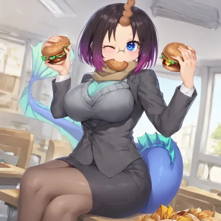 score_9,score_8_up,score_7_up,<lora:elma_(maidragon)_pony:1>, elma_\(maidragon\), masterpiece, highest level of quality, solo,1girl, dragon girl, Elma, office suit, formal, suit, glasses, tail, single horn, shiny skin, sitting at table, big breasts, happy, exited, foodporn, eating hamburger, <lora:_sdxl-dokaguiburger-pony.safetensors:0.6>, windows, detailed food, office breakroom, back view, dutch angle, looking away from viewer, sauce spilling everywhere