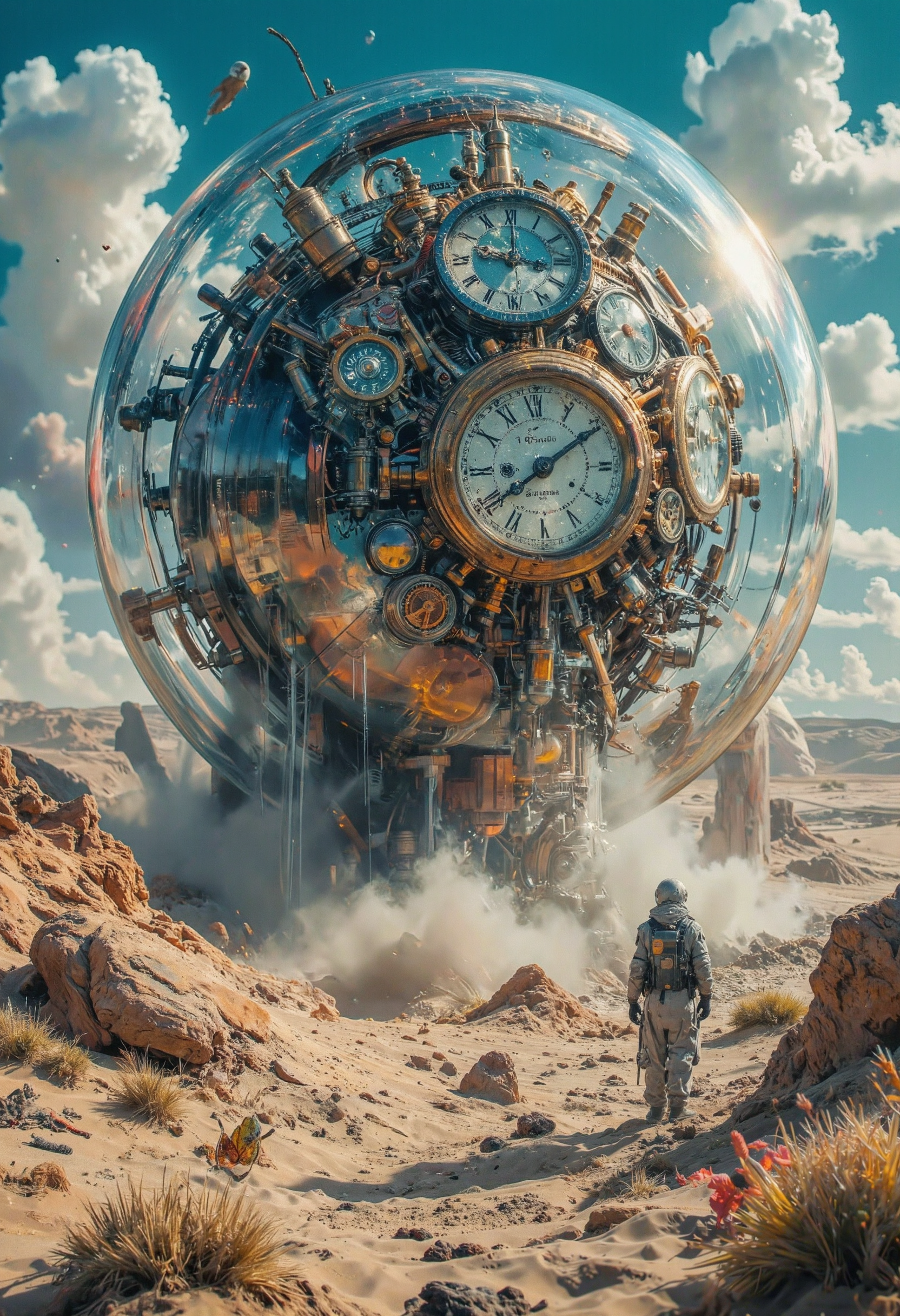 desert where time itself flows like the shifting sands, causing objects, plants, and even people to age in certain areas while remaining frozen in others. Massive, ancient clockwork mechanisms rise from the sands, and some dunes hold echoes of past events, retroanime,, retroanime<lora:Flux_Anime_Retro_Style-000017.safetensors:0.7000000000000001:0.7000000000000001> <lora:Flux.1_Turbo_Detailer.safetensors:0.7000000000000001:0.7000000000000001> <lora:Translucent_Colored_Glass_v02.safetensors:0.45:0.45>