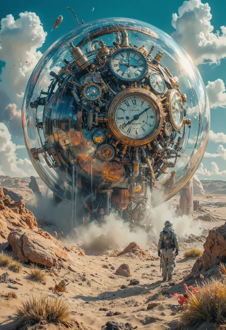 desert where time itself flows like the shifting sands, causing objects, plants, and even people to age in certain areas while remaining frozen in others. Massive, ancient clockwork mechanisms rise from the sands, and some dunes hold echoes of past events, retroanime,, retroanime<lora:Flux_Anime_Retro_Style-000017.safetensors:0.7000000000000001:0.7000000000000001> <lora:Flux.1_Turbo_Detailer.safetensors:0.7000000000000001:0.7000000000000001> <lora:Translucent_Colored_Glass_v02.safetensors:0.45:0.45>