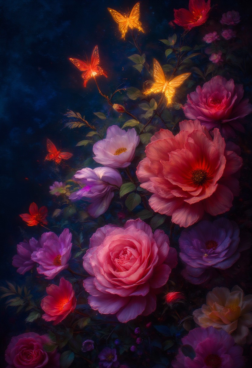 vibrant orange Bleeding Hearts flowers and glowing red butterflies against a pitch-black background Painterly,  surreal, vibrant glow, bokeh, 8k,Pink Roses, purple_flower,pink_flower,white_flower,yellow_flower,grappe_flower