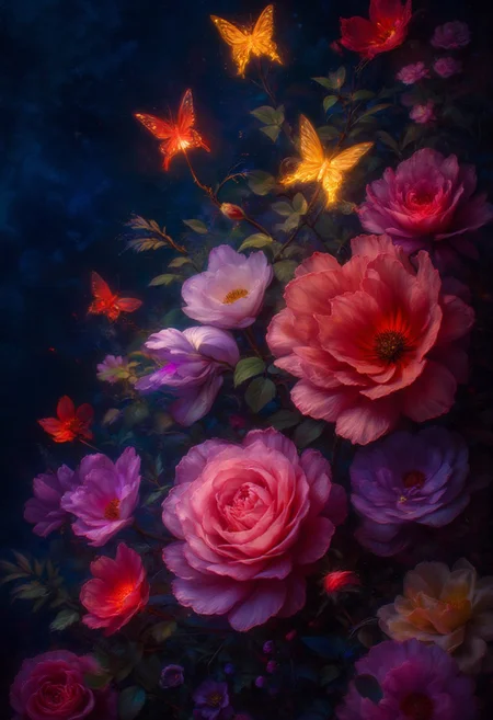 vibrant orange Bleeding Hearts flowers and glowing red butterflies against a pitch-black background Painterly,  surreal, vibrant glow, bokeh, 8k,Pink Roses, purple_flower,pink_flower,white_flower,yellow_flower,grappe_flower