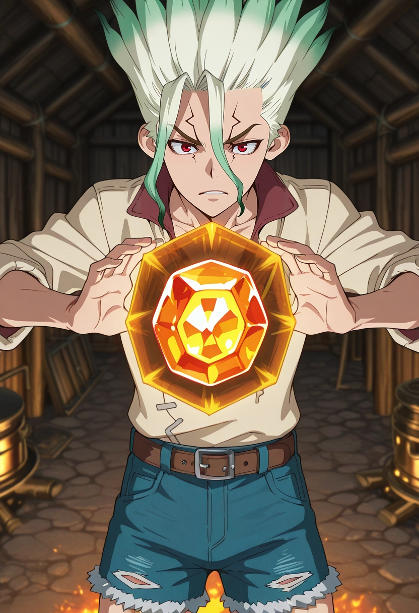 masterpiece, best quality, intricate details, anime screencap, , official style, , 1boy, solo, male focus, <lora:senkuu_ishigami_ilxl:0.98>, senkuu_ishigami, green hair, red eyes, multicolored hair, two-tone hair, white hair, facial mark, crystal forge, gem anvils, light furnaces, crafting stations, smithing pose, intense expression, forge lighting, Denim shorts, Suit jacket, , Tam o' Shanter,
