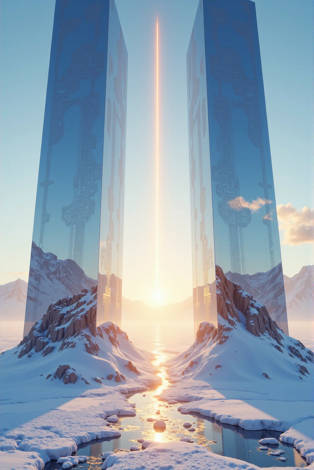 <lora:Legacy_of_the_forerunners_r1:0.8>
A pair of monumental, mirror-like monoliths rise symmetrically from a snow-laden expanse, their towering surfaces flawlessly reflective, etched with delicate circuit-like engravings that shimmer like frost under a cold sky. The polished chrome gleam captures the surrounding pale blue dusk and fractured sunlight with crystalline precision, creating a surreal cascade of mirrored illusions across the glacial terrain. Between them, a vertical rift of blinding golden light pierces the atmosphere, its glow searing through the frozen mist, casting elongated reflections across the undisturbed, dazzling snow that cloaks the ground in radiant, alabaster silence. The composition uses a low-angle wide shot to enhance the immense scale, merging hyper-realistic rendering with digital surrealism, featuring prismatic light scattering, high-gloss textures, and atmospheric subsurface scattering for snow and light interaction.