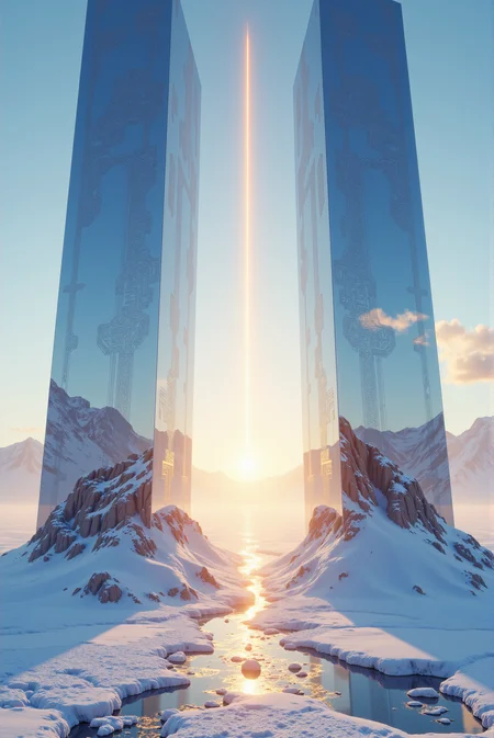 <lora:Legacy_of_the_forerunners_r1:0.8>
A pair of monumental, mirror-like monoliths rise symmetrically from a snow-laden expanse, their towering surfaces flawlessly reflective, etched with delicate circuit-like engravings that shimmer like frost under a cold sky. The polished chrome gleam captures the surrounding pale blue dusk and fractured sunlight with crystalline precision, creating a surreal cascade of mirrored illusions across the glacial terrain. Between them, a vertical rift of blinding golden light pierces the atmosphere, its glow searing through the frozen mist, casting elongated reflections across the undisturbed, dazzling snow that cloaks the ground in radiant, alabaster silence. The composition uses a low-angle wide shot to enhance the immense scale, merging hyper-realistic rendering with digital surrealism, featuring prismatic light scattering, high-gloss textures, and atmospheric subsurface scattering for snow and light interaction.