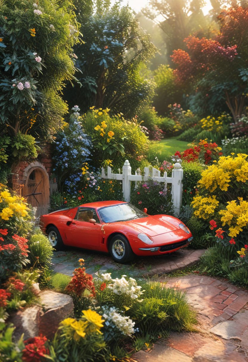 score_9, score_8_up, score_7_up, score_6_up, masterpiece,
red Ferrari. The car is parked on a small patch of green grass, surrounded by a red brick pathway that winds its way around a picturesque garden. 
The garden is filled with meticulously sculpted trees, bushes, and flowers, all in shades of blue, purple, and yellow. A small white picket fence encircles the garden, with a wooden gate adorned with a red velvet ribbon at the entrance. 