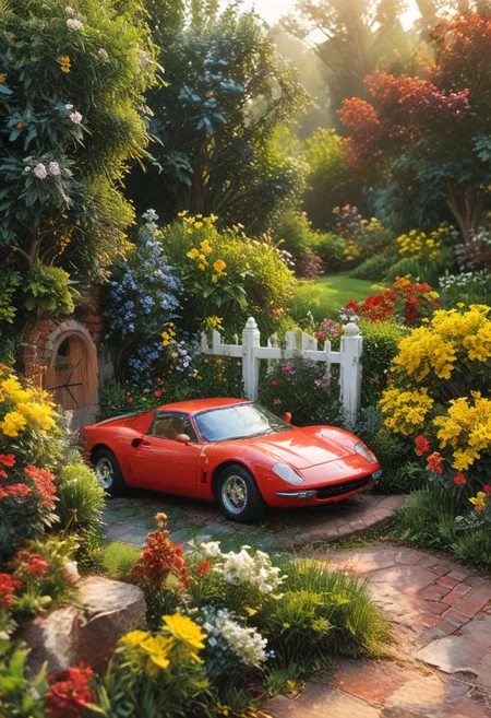 score_9, score_8_up, score_7_up, score_6_up, masterpiece,
red Ferrari. The car is parked on a small patch of green grass, surrounded by a red brick pathway that winds its way around a picturesque garden. 
The garden is filled with meticulously sculpted trees, bushes, and flowers, all in shades of blue, purple, and yellow. A small white picket fence encircles the garden, with a wooden gate adorned with a red velvet ribbon at the entrance. 