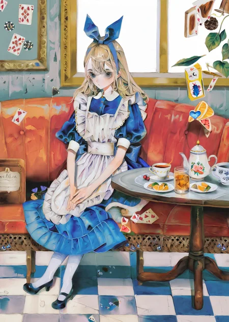 by yogisya, 
 alice \(alice in wonderland\), a blue knee-length dress with short puffy sleeves, worn with a white pinafore apron. long blonde drinking tea large long table 
  best quality, masterpiece,