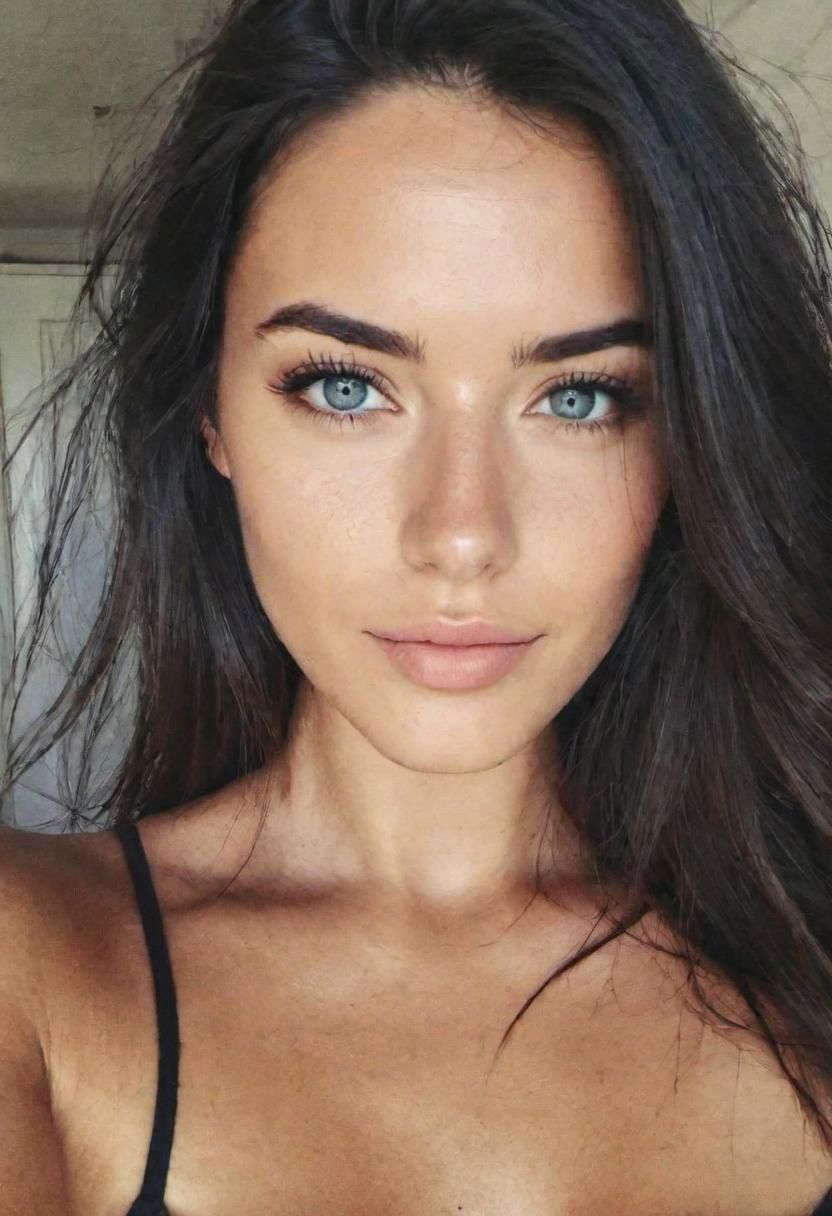 instagram selfie , a 23 year old gorgeous woman , slight smile , detailed skin face and eyes , natural lighting , at home , long hair, topless , film grain, low contrast, natural face , freckles , black hair , blue eyes, dark circles under eyes