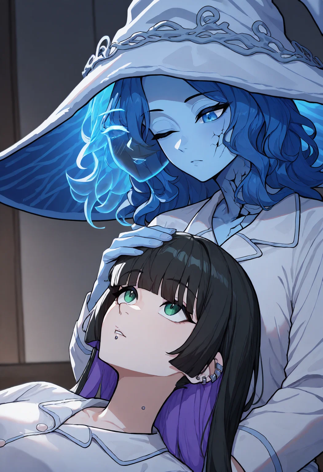 masterpiece, best quality, newest, absurdres, highres, 2girls, RnnDef, blue eyes, one eye closed, blue hair, wavy hair, (4 arms:1.4), extra faces, ghost face, blue skin, colored skin, cracked skin, doll joints, witch hat, large hat, pajamas, <lora:Ranni_illusXLNoobAI_Incrs_v1-000012:1>, lap pillow, hand on another's head, cowboy shot, sitting, indoors,
masterpiece, best quality, newest, absurdres, highres, 2girls, <lora:bocchi_pa-san_illustriousXL:0.8> p4s4n, ear piercing, lip piercing, colored inner hair, black hair, purple hair, hime cut, green eyes, pajamas, upper body, lying, lap pillow, hand on another's head, indoors, looking up,