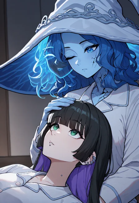 masterpiece, best quality, newest, absurdres, highres, 2girls, RnnDef, blue eyes, one eye closed, blue hair, wavy hair, (4 arms:1.4), extra faces, ghost face, blue skin, colored skin, cracked skin, doll joints, witch hat, large hat, pajamas, <lora:Ranni_illusXLNoobAI_Incrs_v1-000012:1>, lap pillow, hand on another's head, cowboy shot, sitting, indoors,
masterpiece, best quality, newest, absurdres, highres, 2girls, <lora:bocchi_pa-san_illustriousXL:0.8> p4s4n, ear piercing, lip piercing, colored inner hair, black hair, purple hair, hime cut, green eyes, pajamas, upper body, lying, lap pillow, hand on another's head, indoors, looking up,