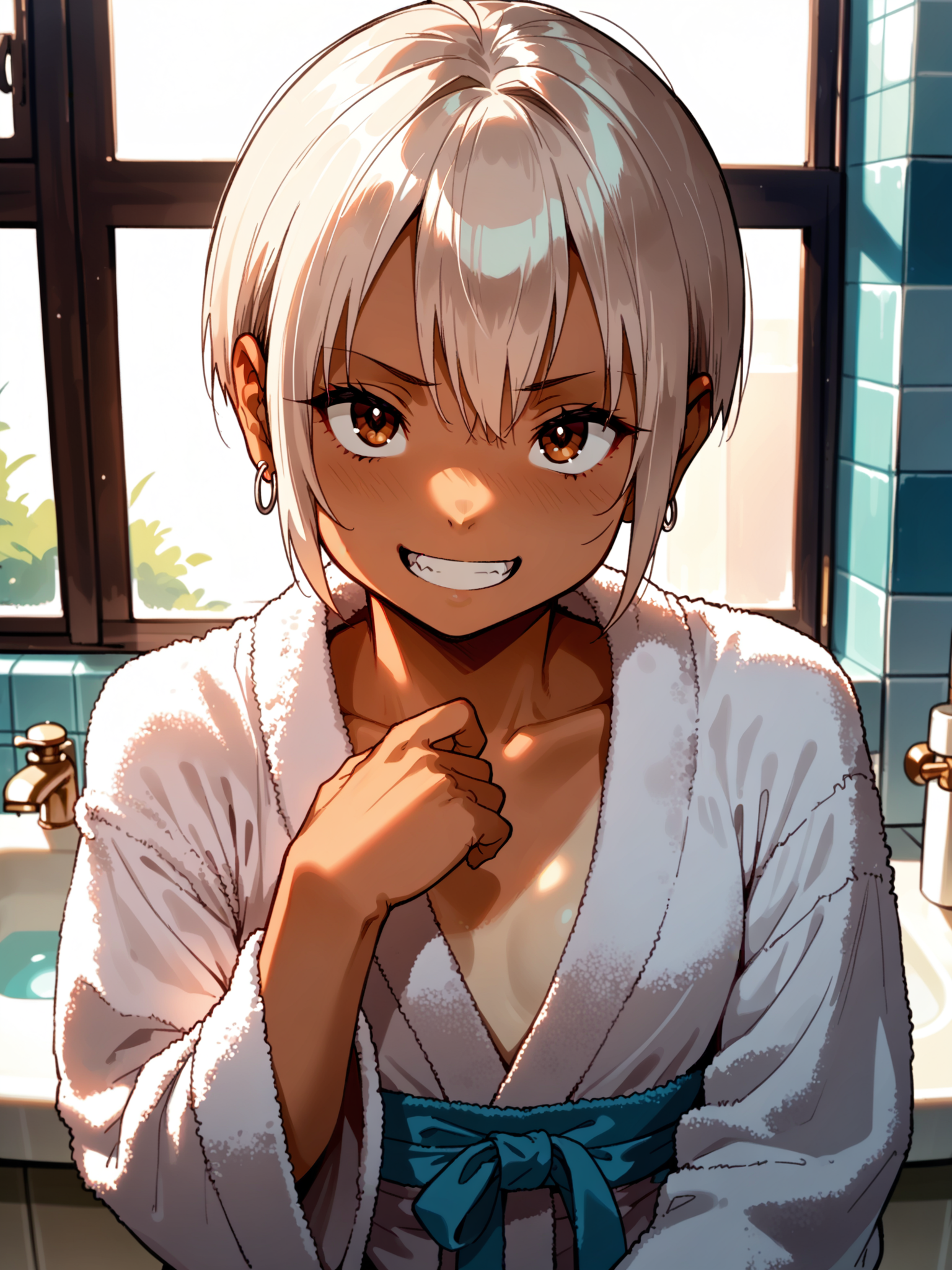 (, solo focus:1.1) <lora:happy_tentacle-cherry_asuka-v0.1-000030:1>, ht_cherry_asuka, earrings, tan, brown eyes, (petite:1.2), <lora:Shed_The_Skin's StS_age_slider_v1_initial_release:-1.1> ( (strapless :1.1) :1.1) ( , , ( flustered :1.2) , evil smile , (looking at viewer:0.6) :1.1) , indoors, ((dusk :0.6), (blue sky:0.6) :0.8), ( window :0.9), (furniture:0.9), , , , , ( :0.9), bathroom, (bathrobe:1.2) ( :0.8) score_9, score_8_up, score_7_up, score_6_up, score_5_up, score_4_up, ( [(realistic, photorealistic:1.3):(realistic:1.2):16] [(3d:1.2)::14] :1) <lora:LUUNA's Lunas-NijiJourney-SDXL-B2:0.35>, nijijourney <lora:prgfrg23's Counterfeit-V3.0 Style SDXL_LoRA_Pony Diffusion V6 XL:0.5> <lora:mfcg's mfcgXL:0.12> <lora:reweik's gyokai(himehajime)_PonyXL_style_v01:0.14>