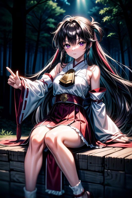 masterpiece,  best quality 1girl Setsun4 solo long hair,  (night time) forest background black hair very long hair purple eyes multicolored hair armor (fur trim) (medium body),<lora:EMS-179-EMS:0.800000>,<lora:EMS-293862-EMS:0.800000>ascot, bare shoulders, black footwear, detached sleeves, embellished costume, frills, japanese clothes, nontraditional miko, red skirt, sandals, sarashi, skirt, socks, armor, miko