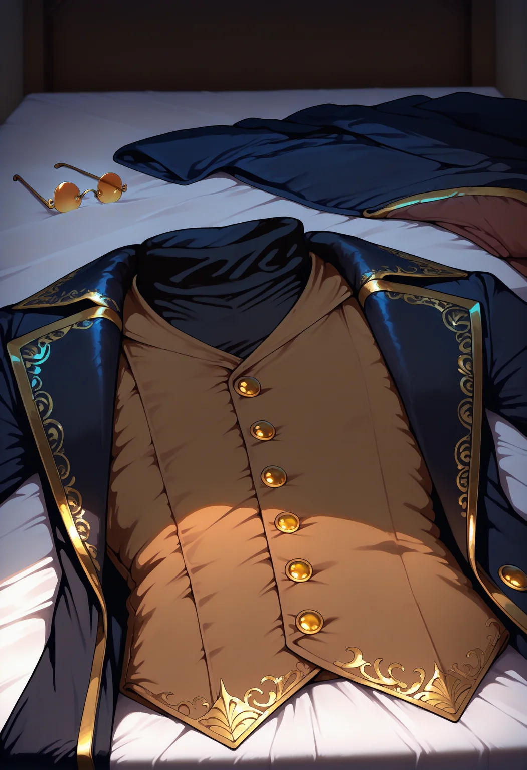 masterpiece, best quality, newest, absurdres, highres, no humans, clothes focus, unworn clothes, scenery, still life, <lora:UnwornClothes_illusXLNoobAI_Incrs_v1:1.3>, bed, messy room, messy, <lora:Noel-M-aaaaa-t1:1>, black turtleneck, black clothes, gold trim, brown vest, gold buttons, pince nez, black coat, open clothes,