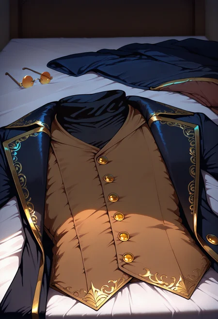 masterpiece, best quality, newest, absurdres, highres, no humans, clothes focus, unworn clothes, scenery, still life, <lora:UnwornClothes_illusXLNoobAI_Incrs_v1:1.3>, bed, messy room, messy, <lora:Noel-M-aaaaa-t1:1>, black turtleneck, black clothes, gold trim, brown vest, gold buttons, pince nez, black coat, open clothes,