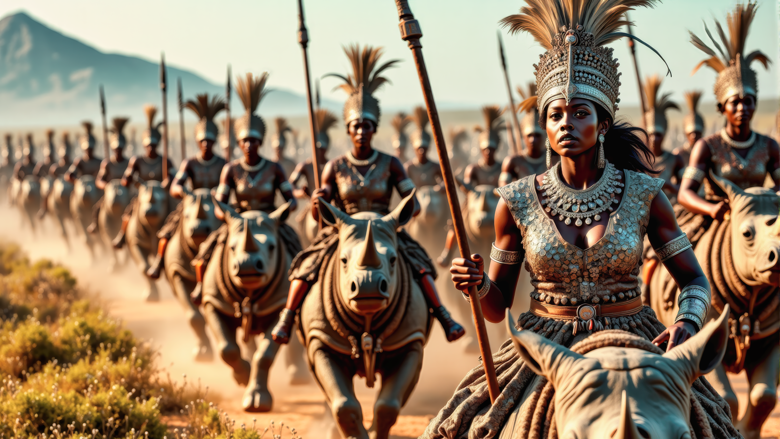 Real photograph of an army of African warrior women,  black skin, Nubian, beautiful, breathtaking,  athletic, (small breasts:1.4),  earrings, necklace, wrist bands,  dangerous, fierce, determined, battle hardened,  mounted atop angry and ferocious rhinoceros,  cavalry charging into battle with spears ready to impale, shields and spears bearing war decorations,  fierce angry painted faces full of rage, yelling fierce war cries,  African Savannah with mount Kilimanjaro in the background,  intricate details, masterpiece, elegant, complex patterns,  (full body shot from head to toe:1.6),  dramatic and dynamic morning lighting, intense atmosphere,  <BaroqueColorful:0.72>