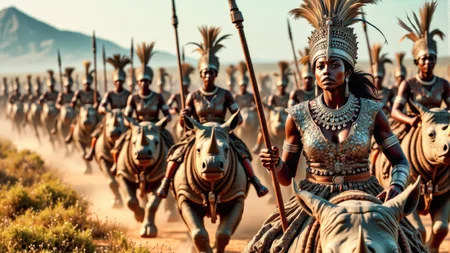 Real photograph of an army of African warrior women,  black skin, Nubian, beautiful, breathtaking,  athletic, (small breasts:1.4),  earrings, necklace, wrist bands,  dangerous, fierce, determined, battle hardened,  mounted atop angry and ferocious rhinoceros,  cavalry charging into battle with spears ready to impale, shields and spears bearing war decorations,  fierce angry painted faces full of rage, yelling fierce war cries,  African Savannah with mount Kilimanjaro in the background,  intricate details, masterpiece, elegant, complex patterns,  (full body shot from head to toe:1.6),  dramatic and dynamic morning lighting, intense atmosphere,  <BaroqueColorful:0.72>