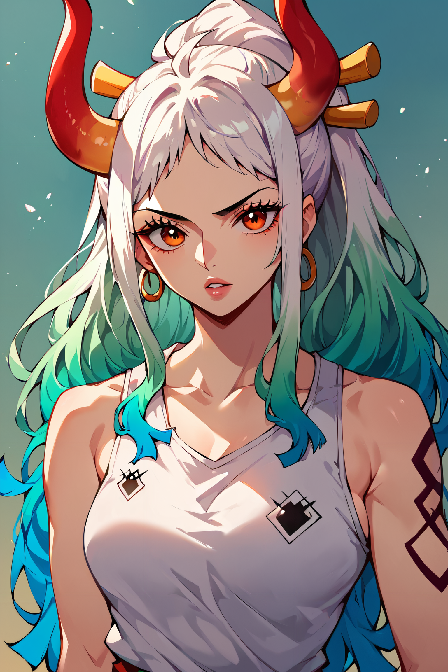 <lora:yamato_OP_XL_v1:0.8>   score_9,score_8_up,score_7_up,score_6_up,yamato \(one piece\), 1girl, solo, long hair,upper body,looking at viewer, parted lips, tank top,arm tattoo, shorts