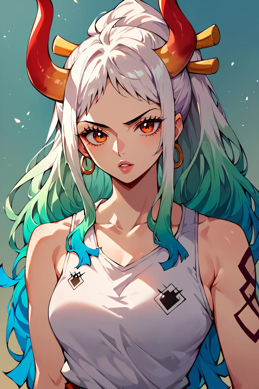 <lora:yamato_OP_XL_v1:0.8> score_9,score_8_up,score_7_up,score_6_up,yamato \(one piece\), 1girl, solo, long hair,upper body,looking at viewer, parted lips, tank top,arm tattoo, shorts