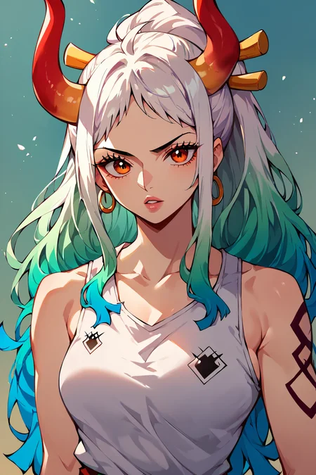 <lora:yamato_OP_XL_v1:0.8> score_9,score_8_up,score_7_up,score_6_up,yamato \(one piece\), 1girl, solo, long hair,upper body,looking at viewer, parted lips, tank top,arm tattoo, shorts