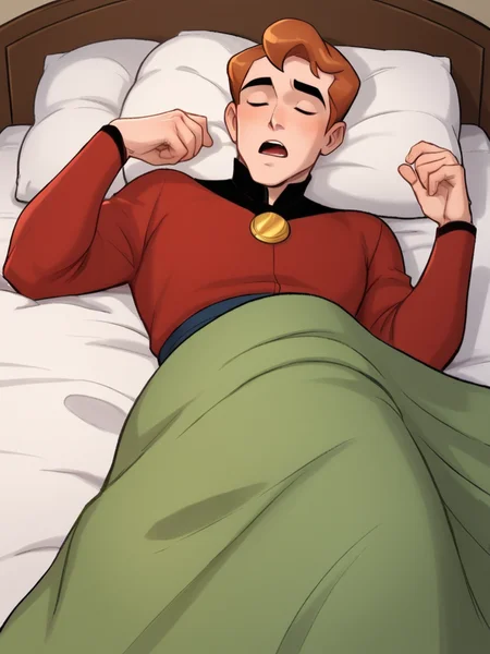 score_9, score_8_up, score_7_up, prince philip, a cartoon of a man sleeping in bed, solo, short hair, open mouth, brown hair, shirt, long sleeves, 1boy, male focus, lying, pillow, under covers,    <lora:princesscomic_pony_v1:0.95>