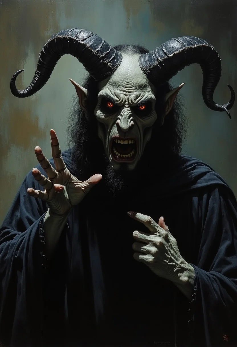 Preaching the devil in church. sinful soul. Beautiful cinematic impressionistic painting, Dark Gloomy Creepy Character, in the style of Jeremy Mann and Charles Dana Gibson, Mark Demsteader, Paul Headley, dark theme, otherworldly theme, masterpiece of deviant art, dark illustration, exceptional quality, extremely detailed, super detailed face, ultra hd 8k, fear in the eyes, despair, gloomy dark, scary, photorealism, ultra-detailed, 8k.